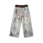 Smoke Rise Double Waistband Doll Print Ripped Jeans