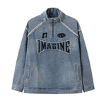 Oversized Stand-up Collar Washed Distressed Denim Jacket