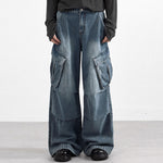 High Waisted Cargo Denim Pants Oversized Pockets Vintage Wash