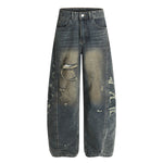 Men's Curved Denim Pants Wide Leg Distressed Paint Splatter Holes