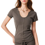 Fitted Rib-Knit V Neck T-Shirt 8.2oz