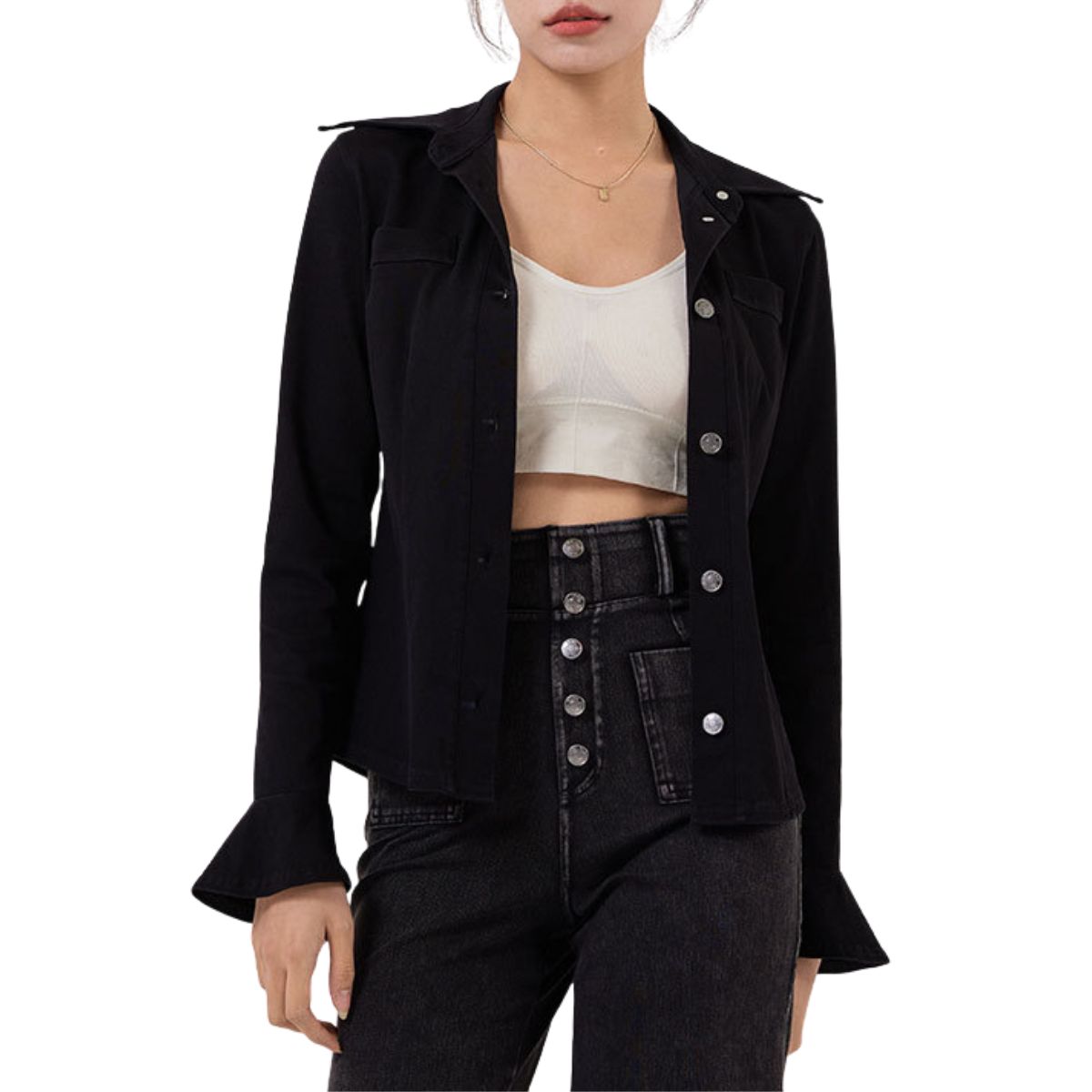 Knit Denim Button-Front Long Sleeve Shirt