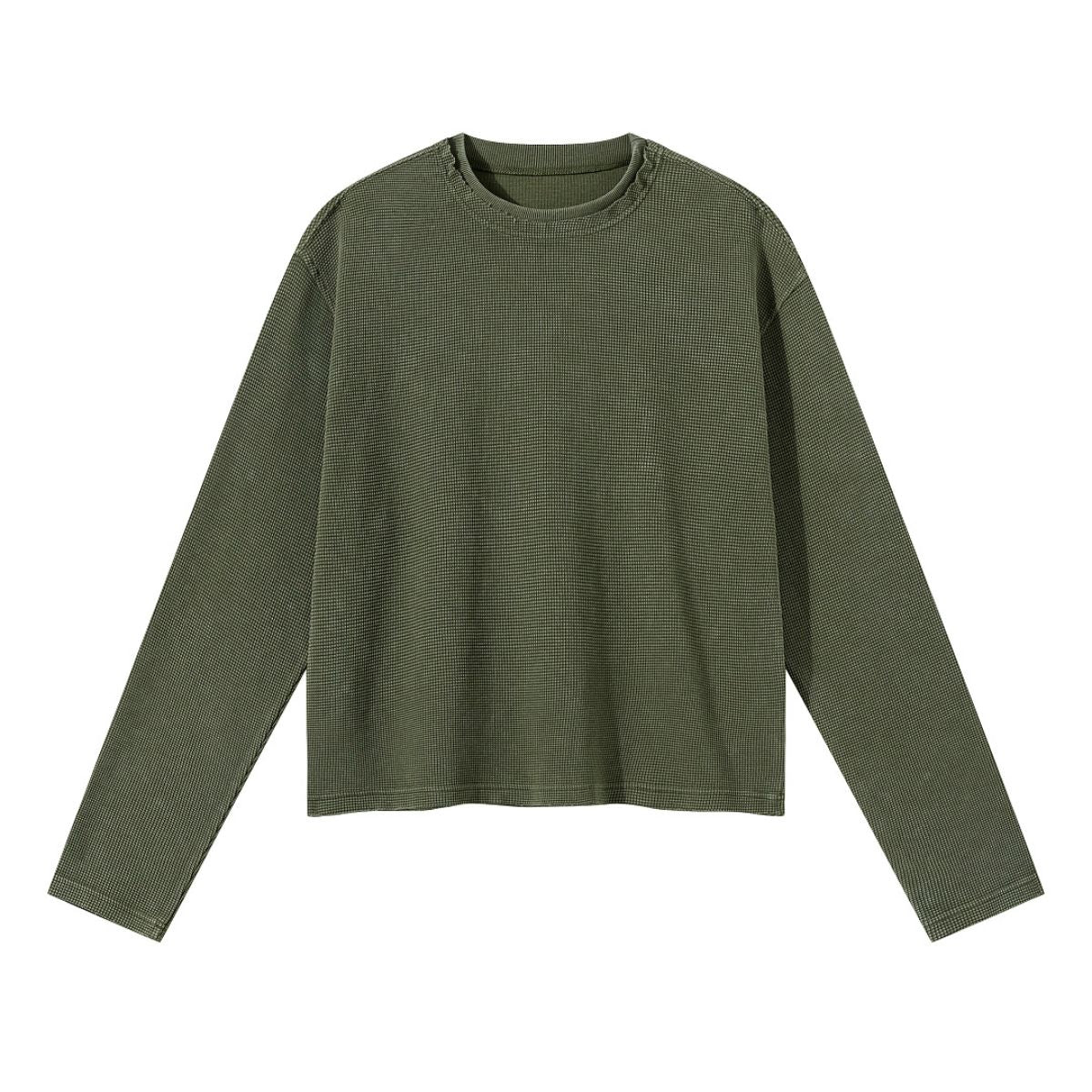 Waffle Raw‑Edge Spliced Distressed Long‑Sleeve T‑Shirt