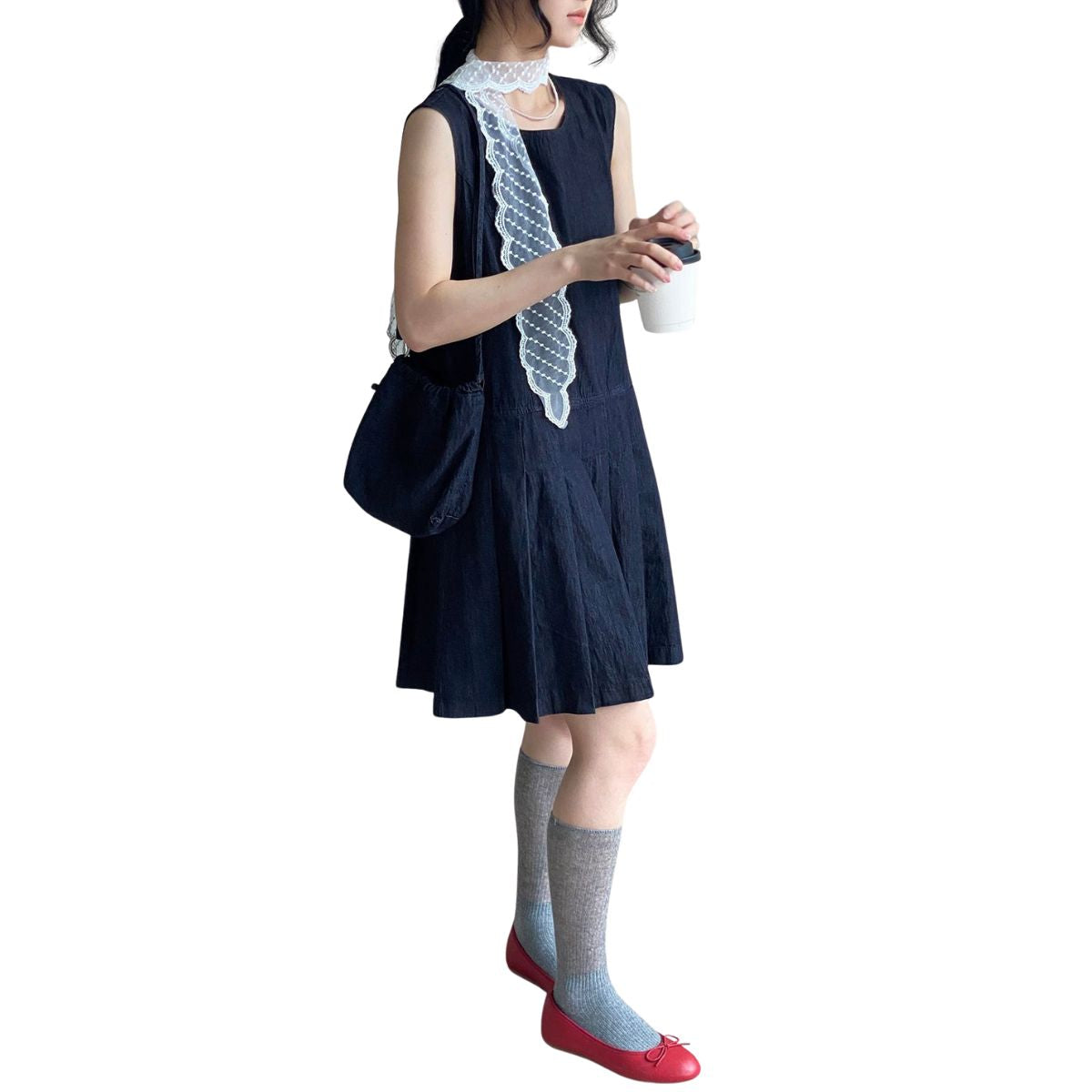 Loose-Fit Pleated Denim Mini Dress