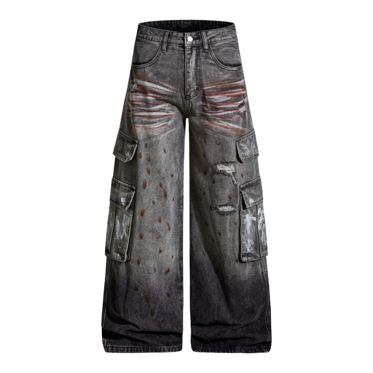 Men's Distressed Washed Denim Cargo Pants Wide Leg Paint Tie-Dye Unique