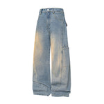 Faded Distressed Pleat Panel Oversized Loose Flared Jeans