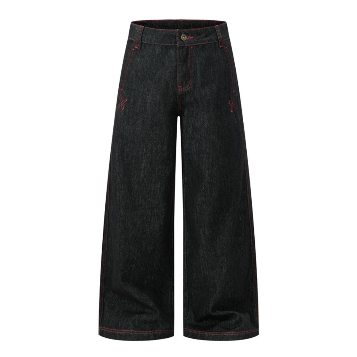 Embroidered Raw Denim Vintage Washed Loose Straight‑Leg Jeans