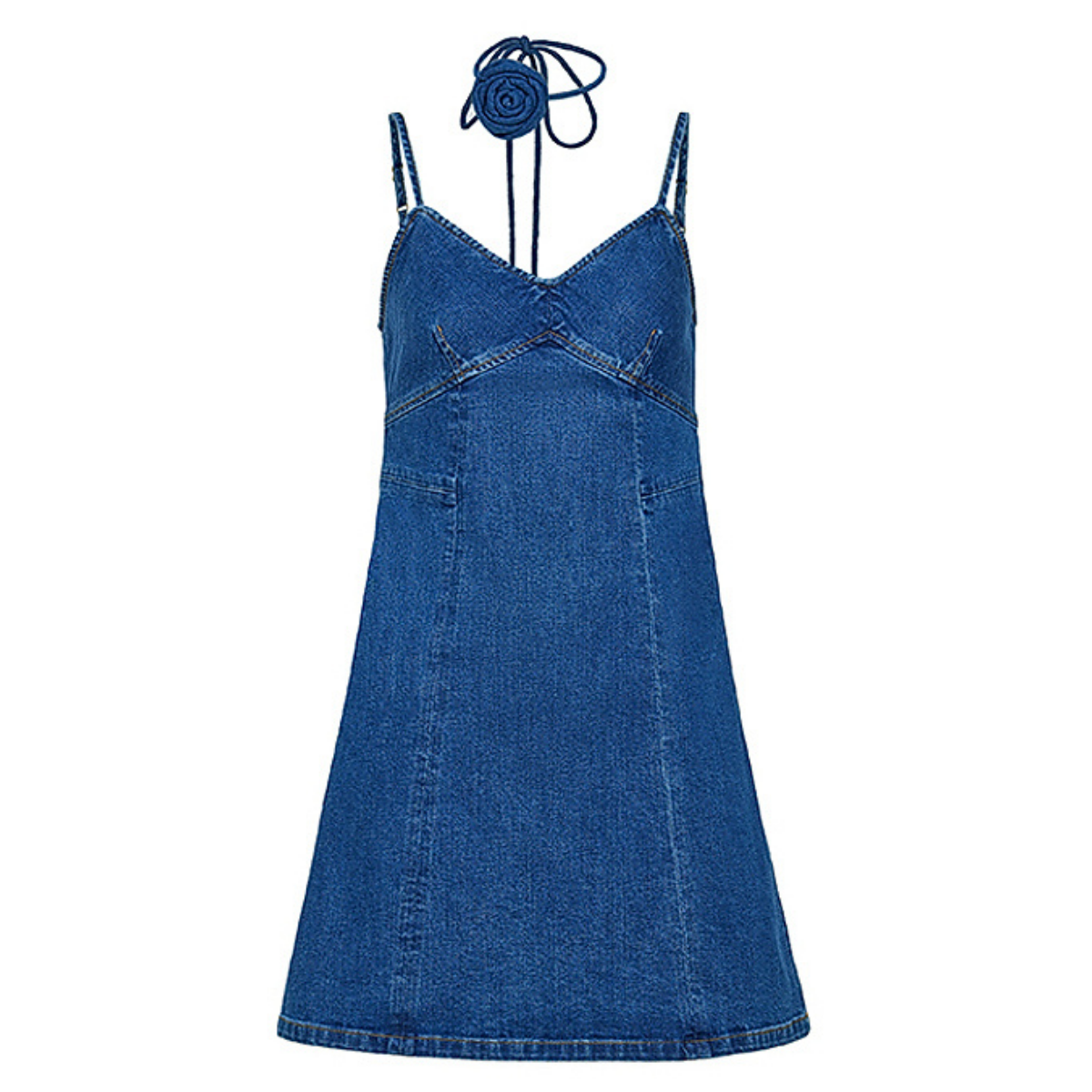 Strappy Denim Mini Dress with Rose Tie Neck