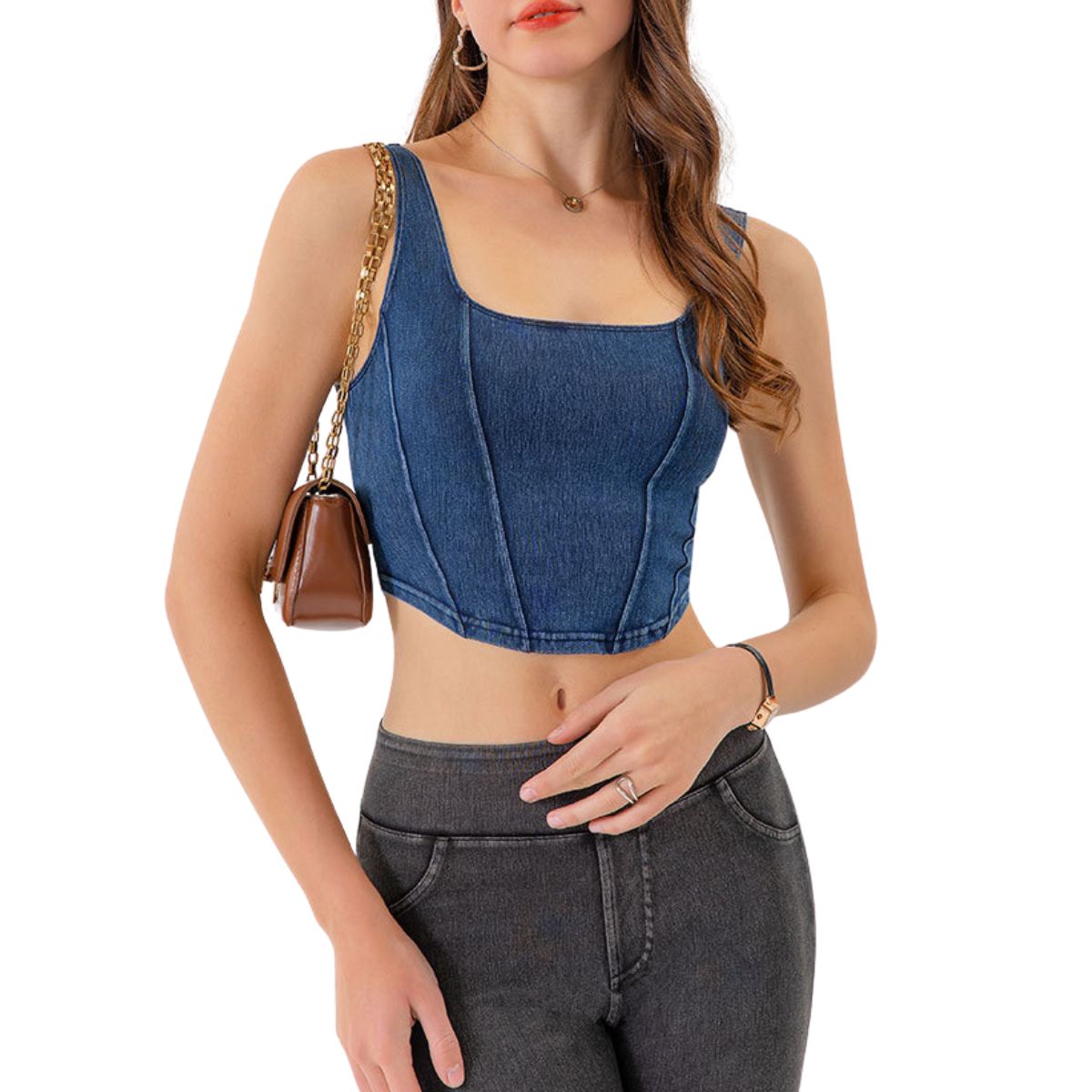 Knit Denim Square Neck Cropped Tank
