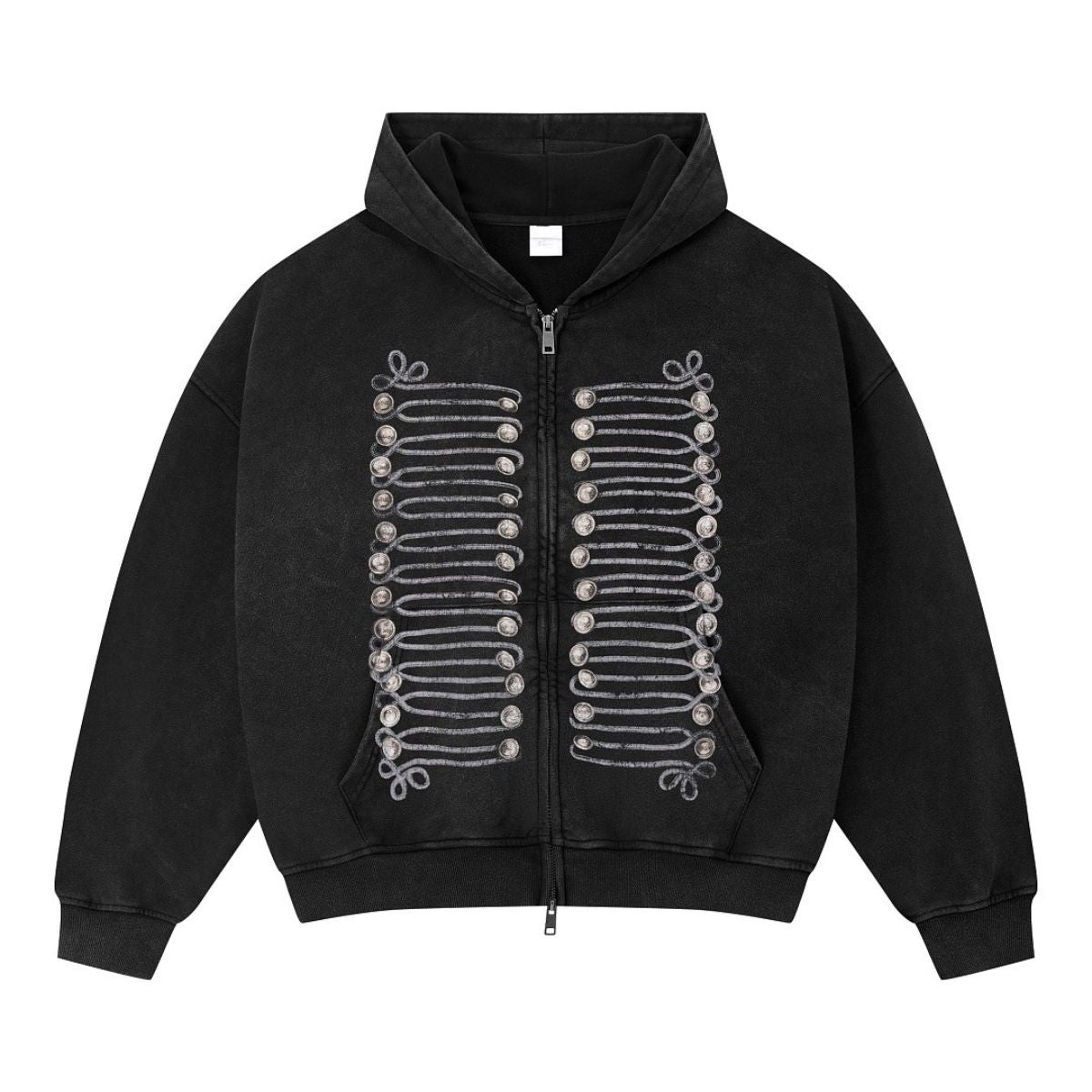 Light‑Soft Vintage Snow‑Washed Drawstring Button‑Print Zip‑Up Hoodie
