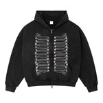 Light‑Soft Vintage Snow‑Washed Drawstring Button‑Print Zip‑Up Hoodie