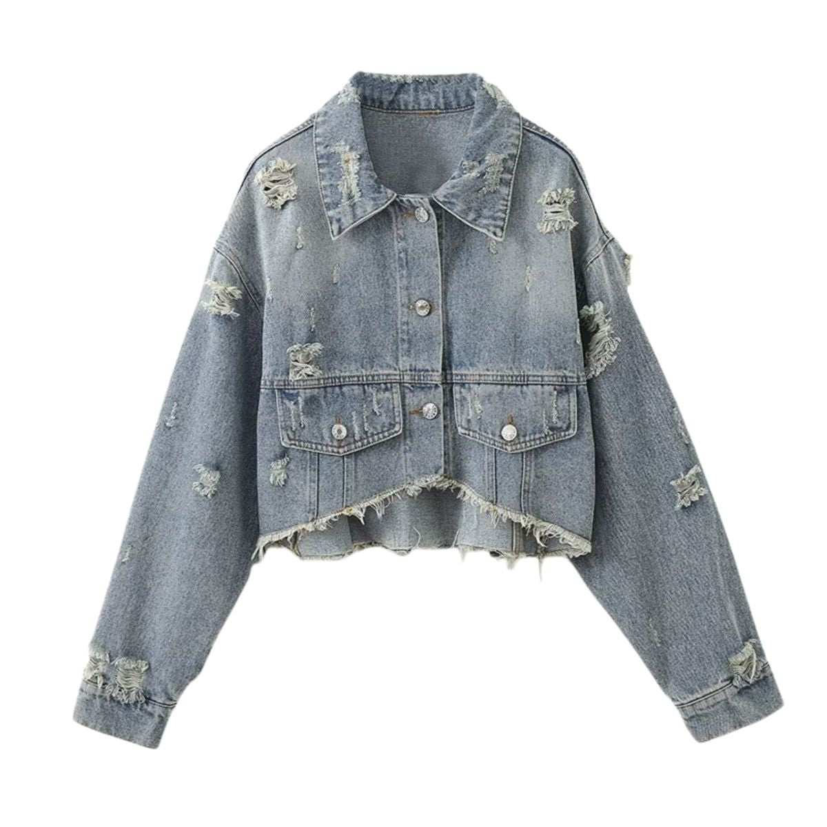 Asymmetrical Hem Cropped Ripped Denim Jacket