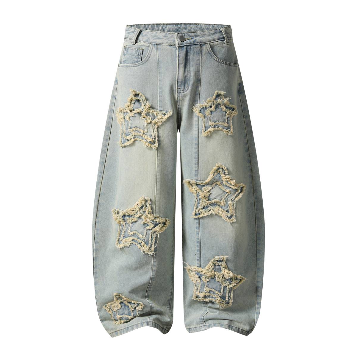 American Retro Frayed Hem Star Graphic Loose Fit Denim Trousers
