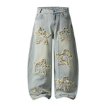 American Retro Frayed Hem Star Graphic Loose Fit Denim Trousers