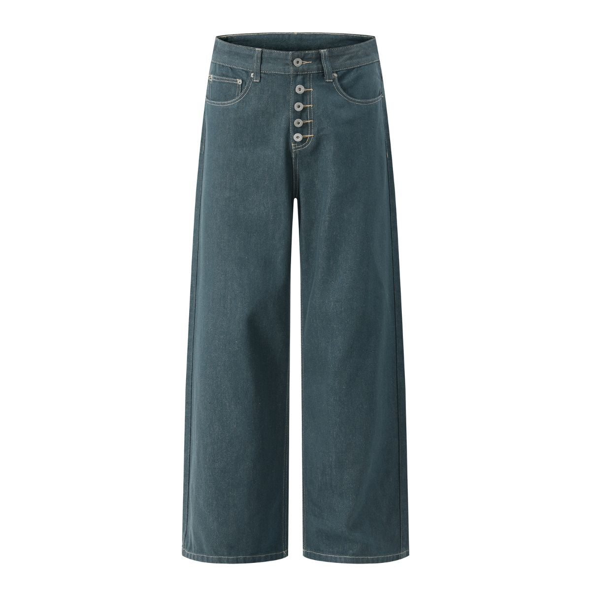 Raw Denim Jeans with Teal Multi‑Button Fly Design