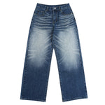 Deep Blue Washed Cat Whisker A-Line Straight Baggy Denim Jeans