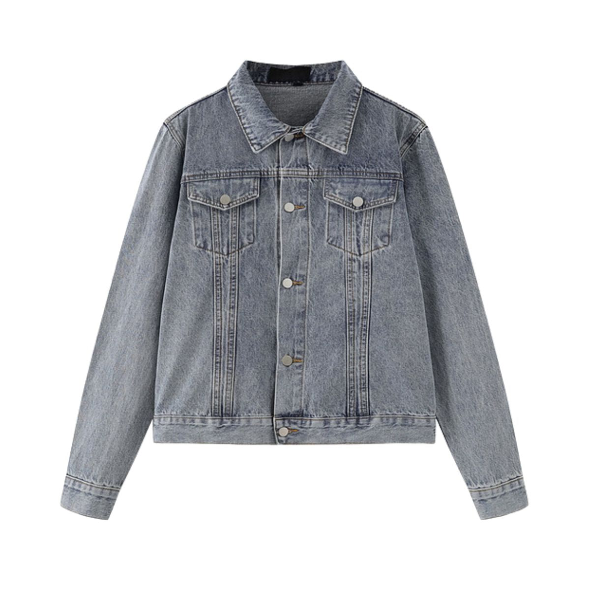Unisex Commuter Workwear Style Single-breasted Lapel Straight Denim Jacket