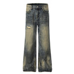 Vintage Heavy-Wash Ripped Deconstructed Baggy Wide-Leg Jeans