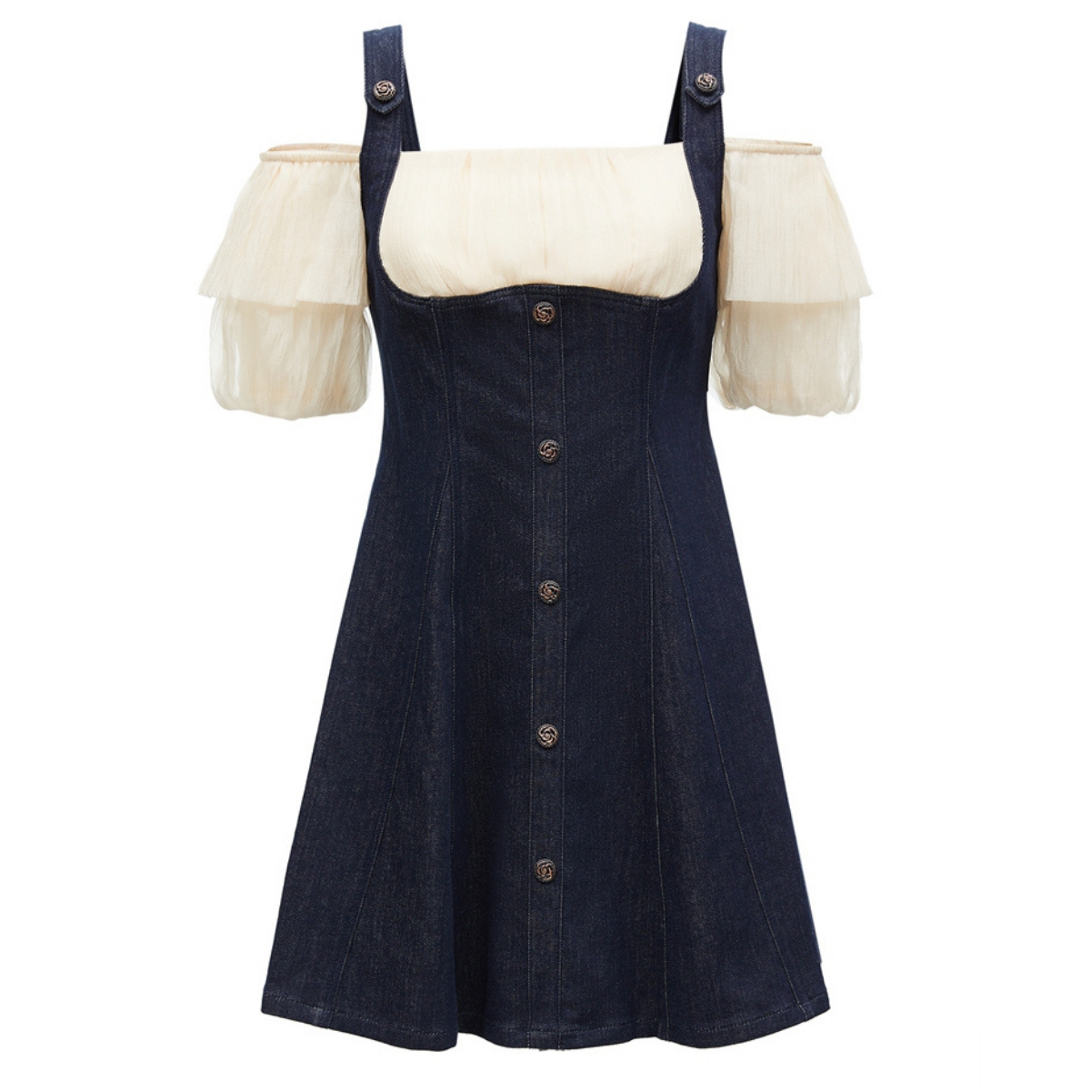 Puff Sleeves Button Front Denim Mini Dress