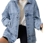 Women's Casual Drop Shoulder Button Front Denim Jacket With Pockets