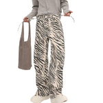 Y2K Style Zebra Stripe Print High Waist Drawstring Wide Leg Denim Jeans