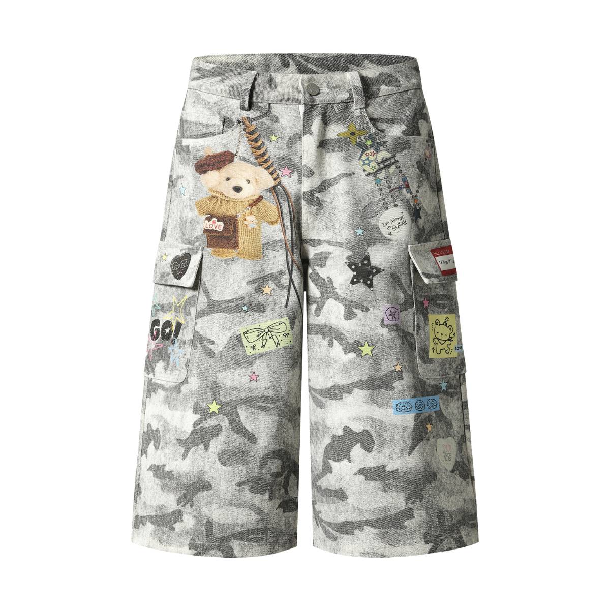 Bermudas de mezclilla desgastada con estampado de salpicaduras