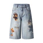 Washed Vintage Star Print Dog Distressed Relaxed Wide-Leg Bermuda Shorts