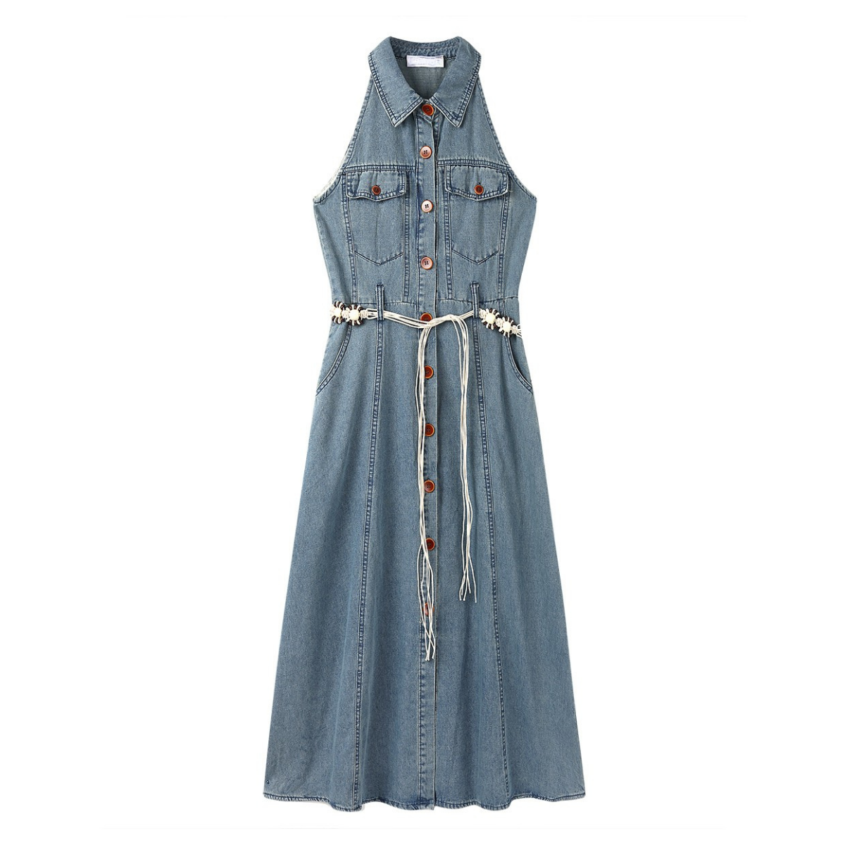 Button-Front Sleeveless Denim Belted Shirt Dress