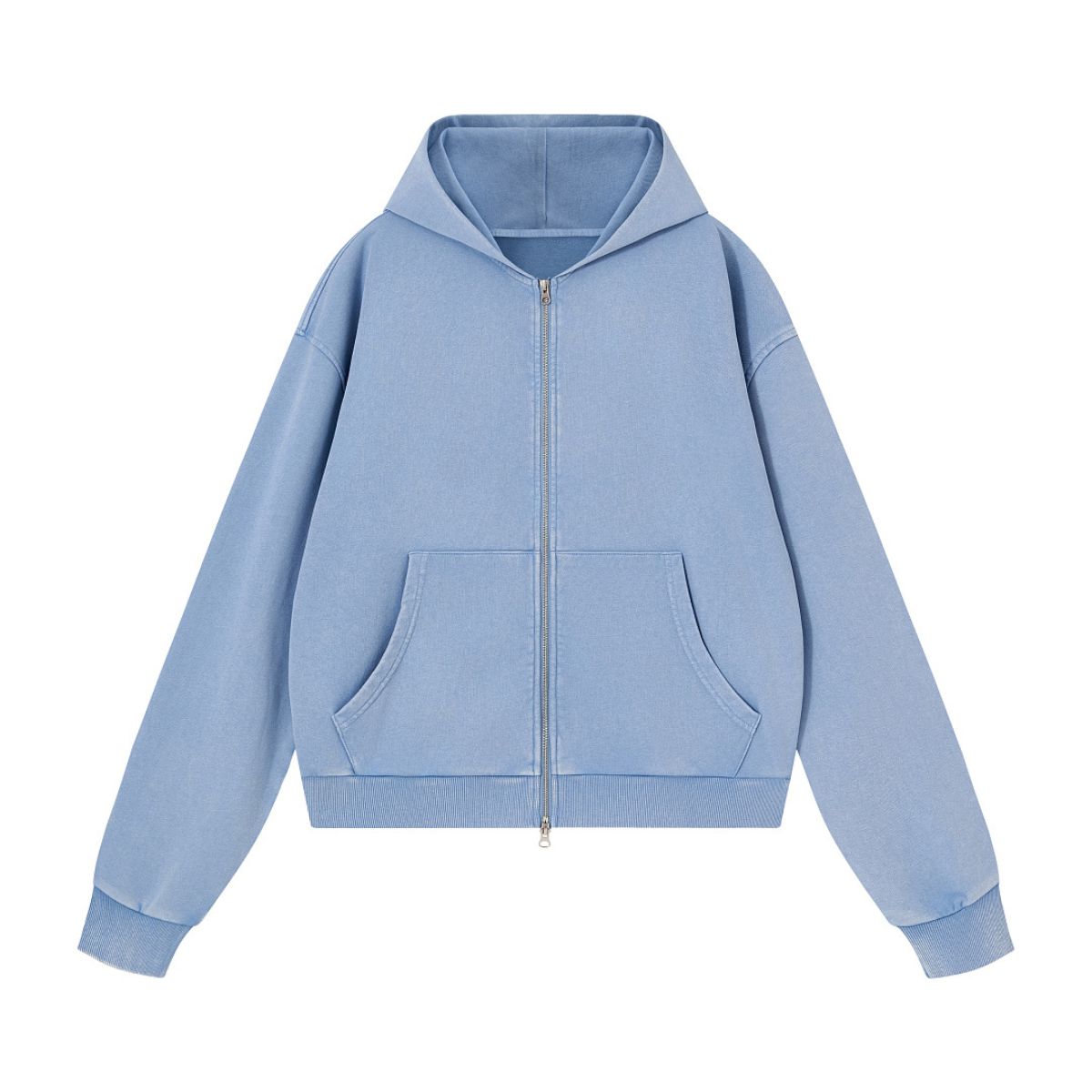 French Terry Washed Distressed Double‑Zip Hoodie