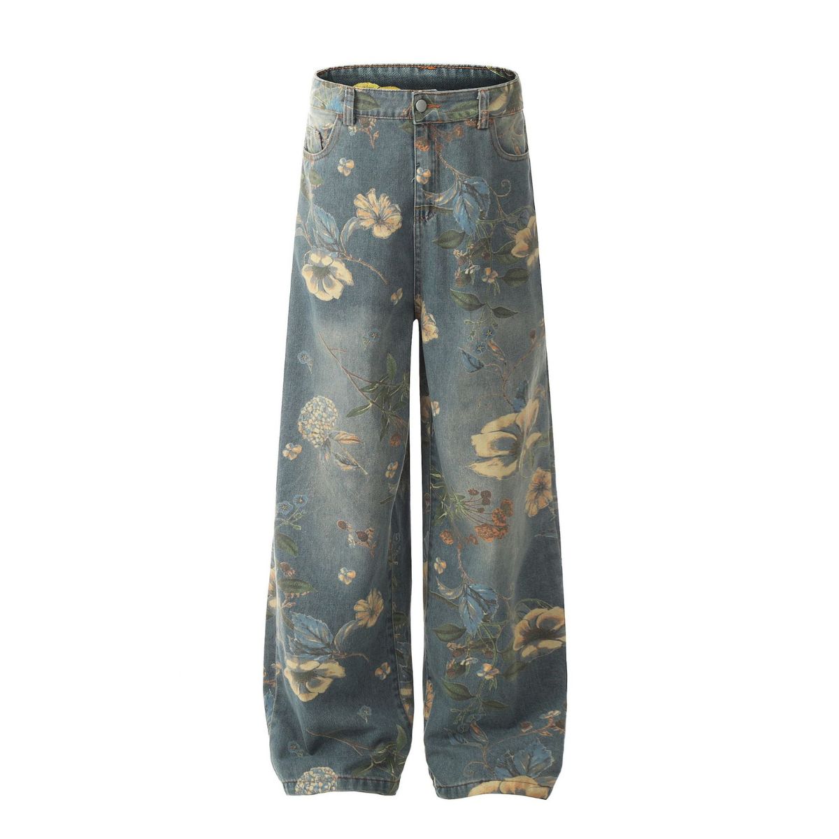 Smoke Rise Wide Leg Floral Print Denim Pants