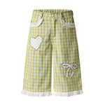 Washed Plaid Graphic Patchwork Bow Detail Relaxed Wide-Leg Capri Denim Pants