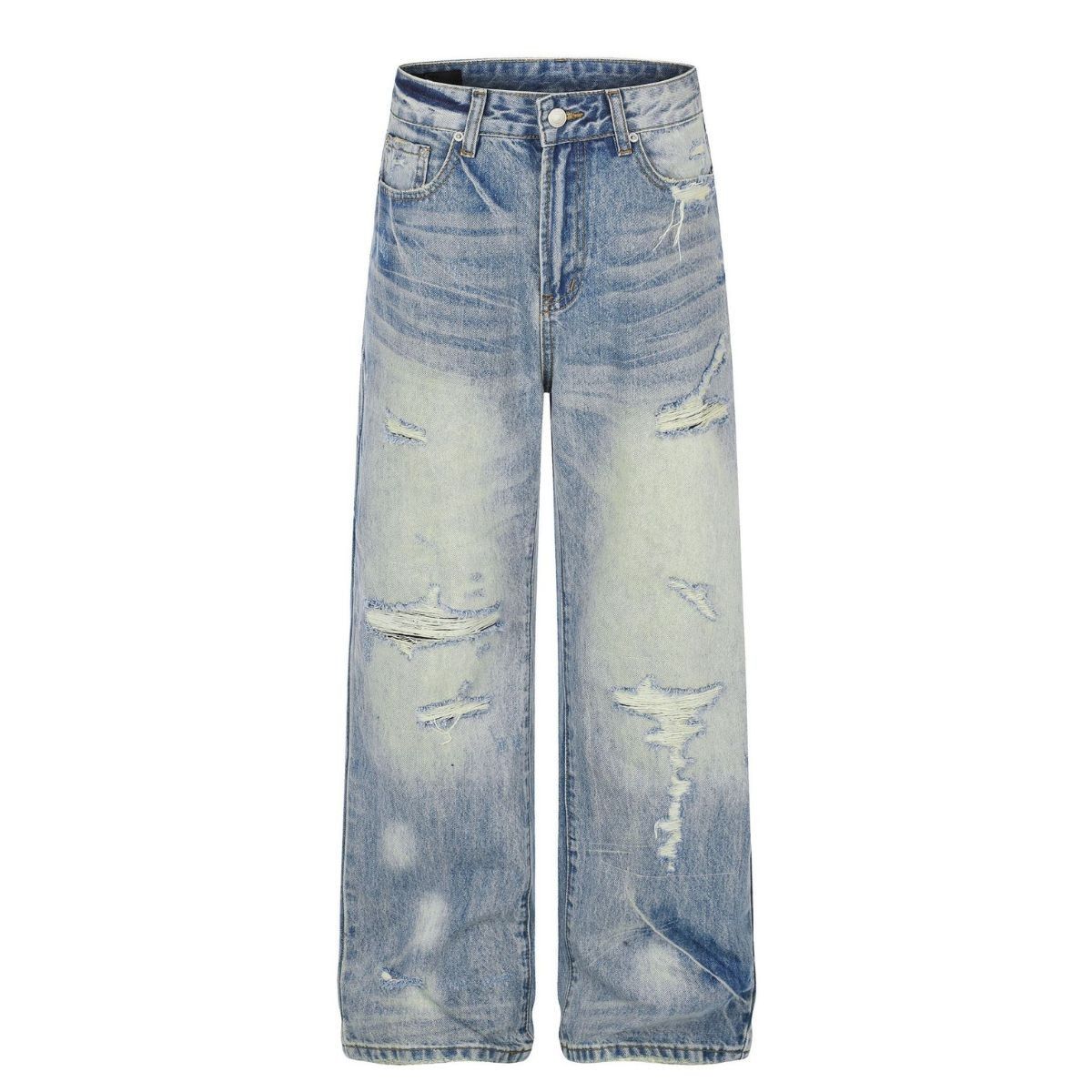 Vintage Whiskered Ripped Straight‑Leg Casual Jeans