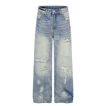 Vintage Whiskered Ripped Straight‑Leg Casual Jeans