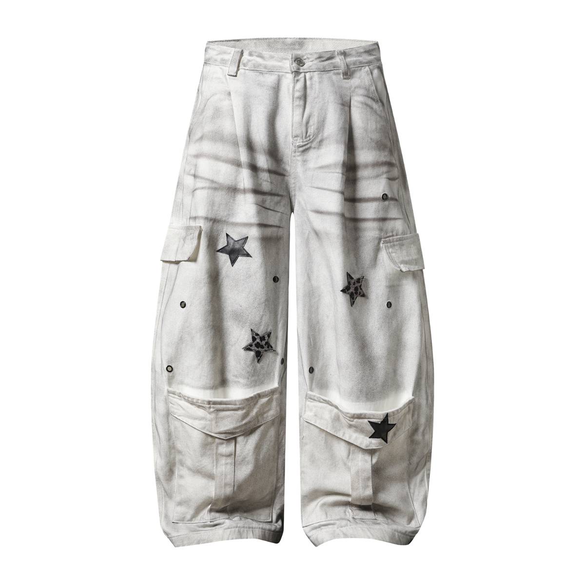Vintage Wash Star Pattern Baggy Straight Leg Cargo Jeans