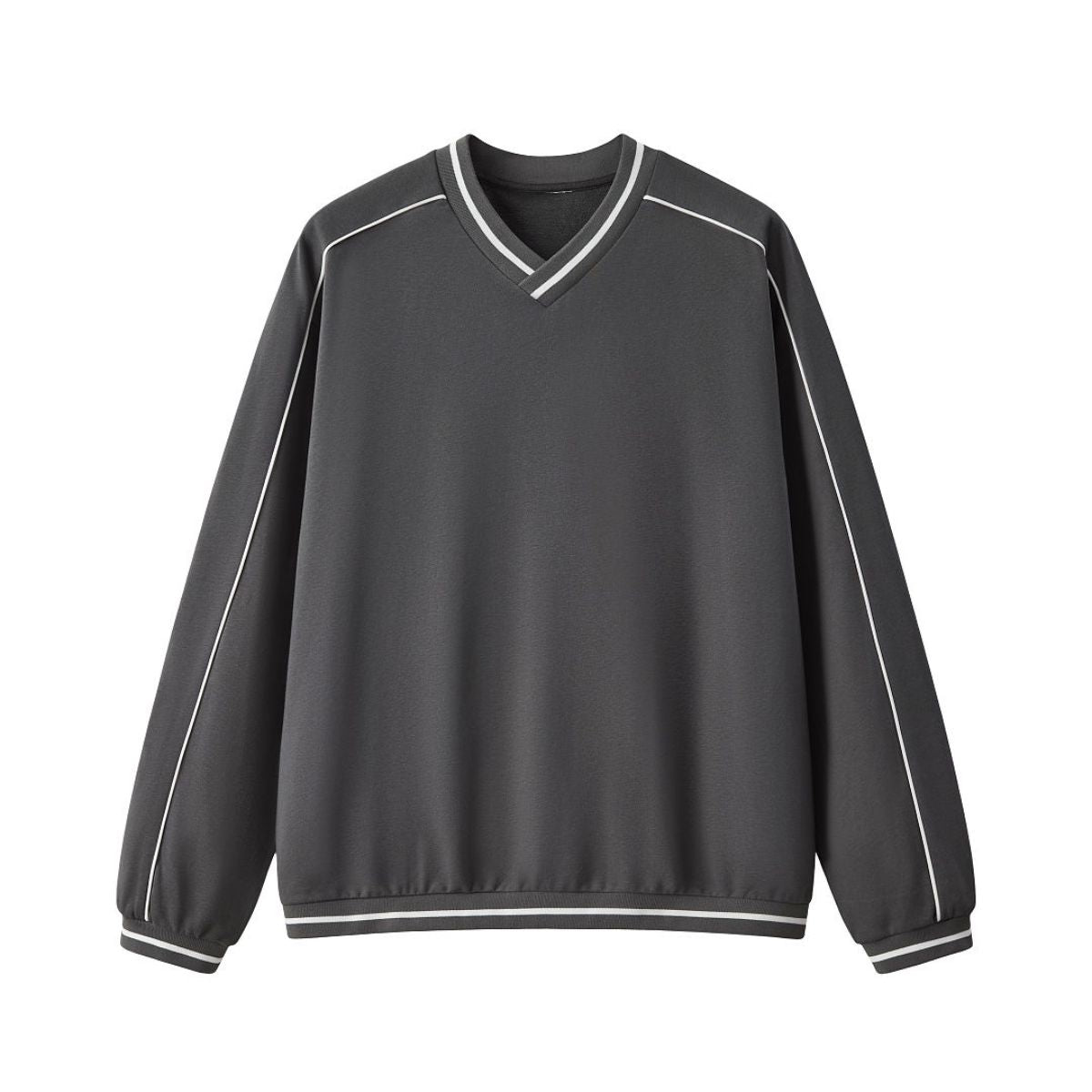 V Neck Contrast Color Drop Shoulder Sweatshirt Loose Fit Ribbed Cuffs