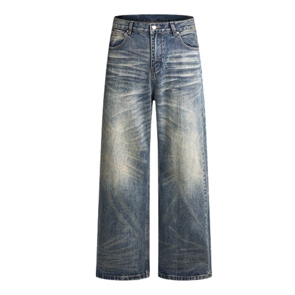 Wash Vintage Whiskered Fluid Flow Wide Leg Denim Jeans