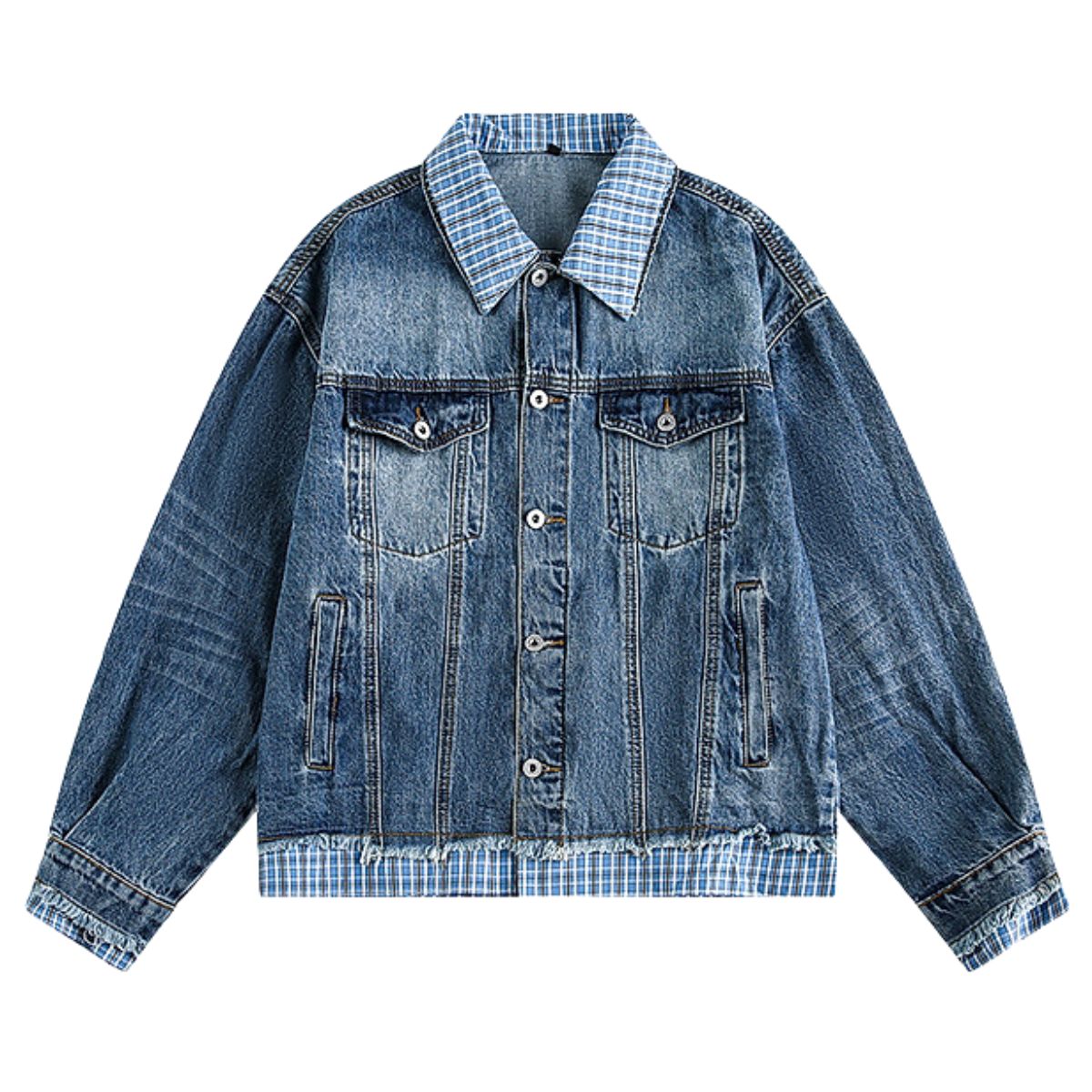 Unisex Retro Blue Petite Loose Plaid Collar Denim Jacket