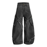 Men's Washed Distressed Denim Pants Wide Leg Patchwork Raw Edge Unique