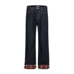 Vintage Raw Denim Red Plaid Panel Flare Jeans