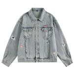 Unisex Loose Lazy Style Retro Cute Animal Embroidered Lapel Washed Denim Jacket