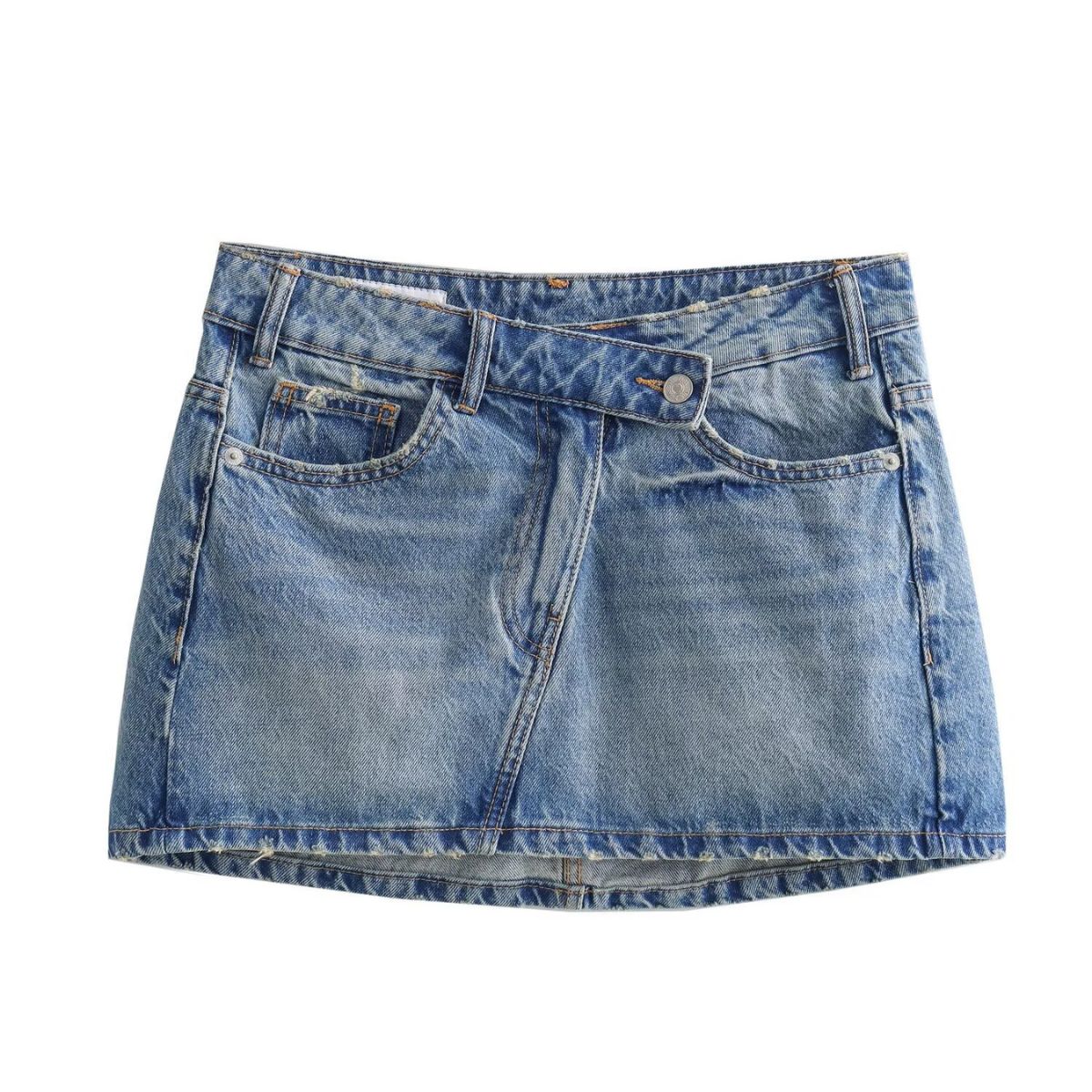 Crossover Asymmetric Waist Distressed Denim Mini Skirt