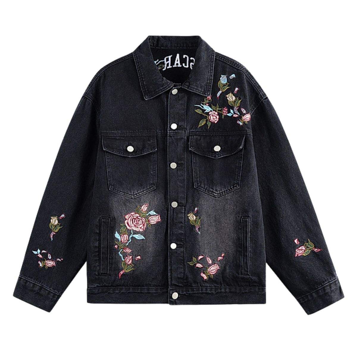 Casual Vintage Washed Floral Embroidered Hip-hop Denim Jacket