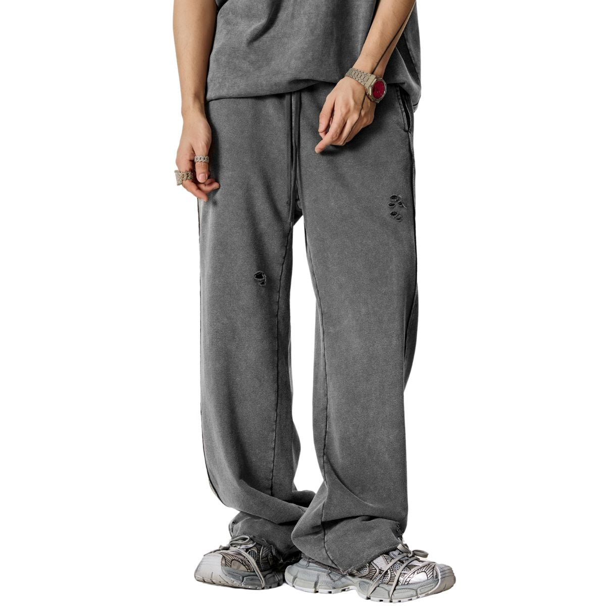 Washed Raw Hem Distressed Trousers