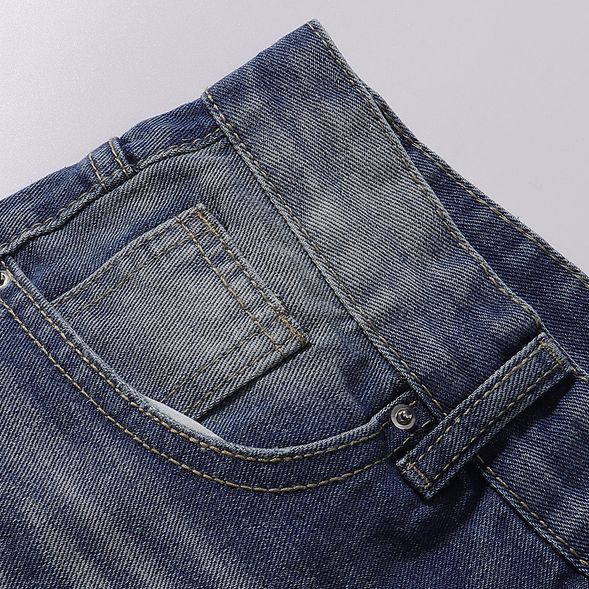 Vintage Wash Whisker Faded Straight Leg Jeans