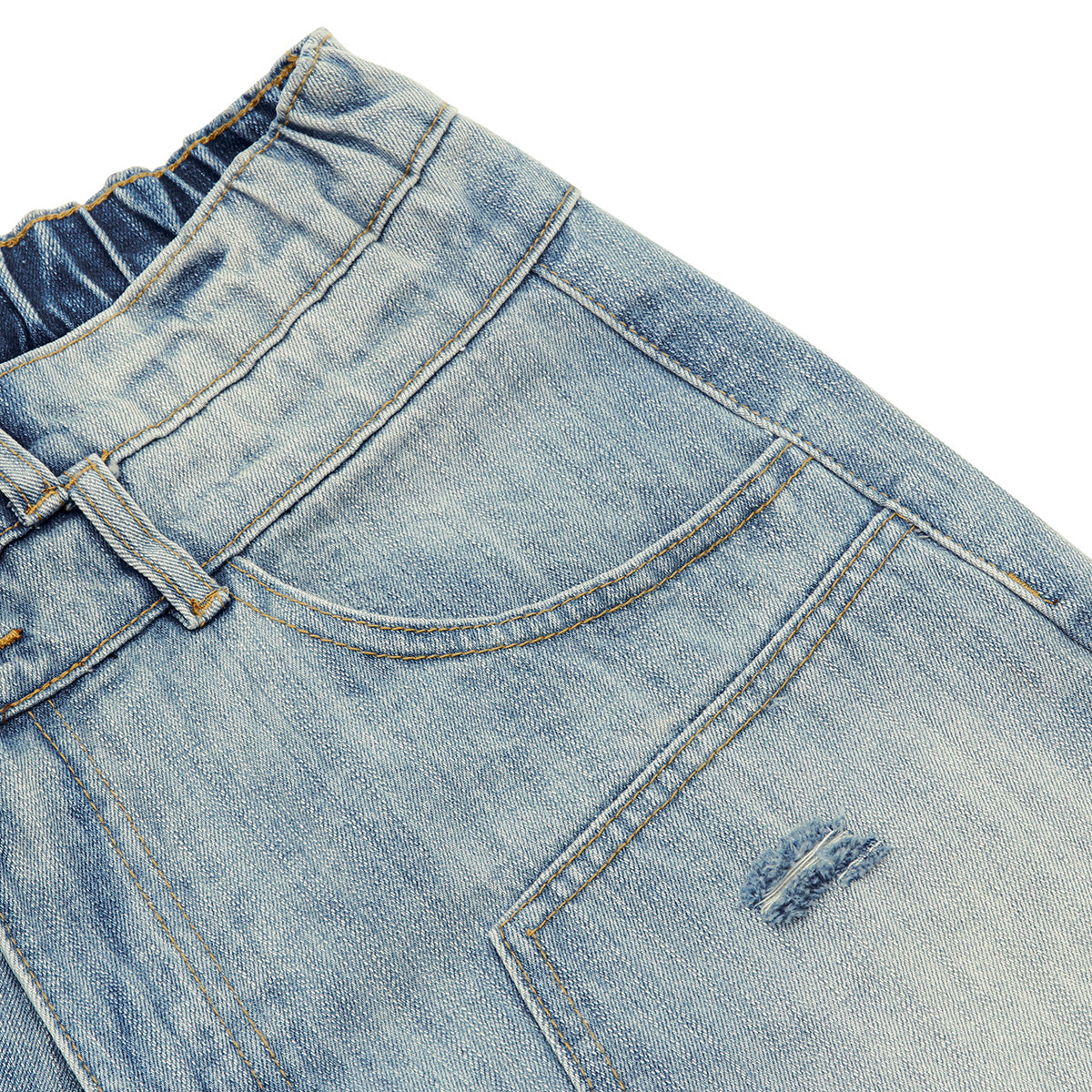 Double Waistband Distressed Denim Bermuda Shorts