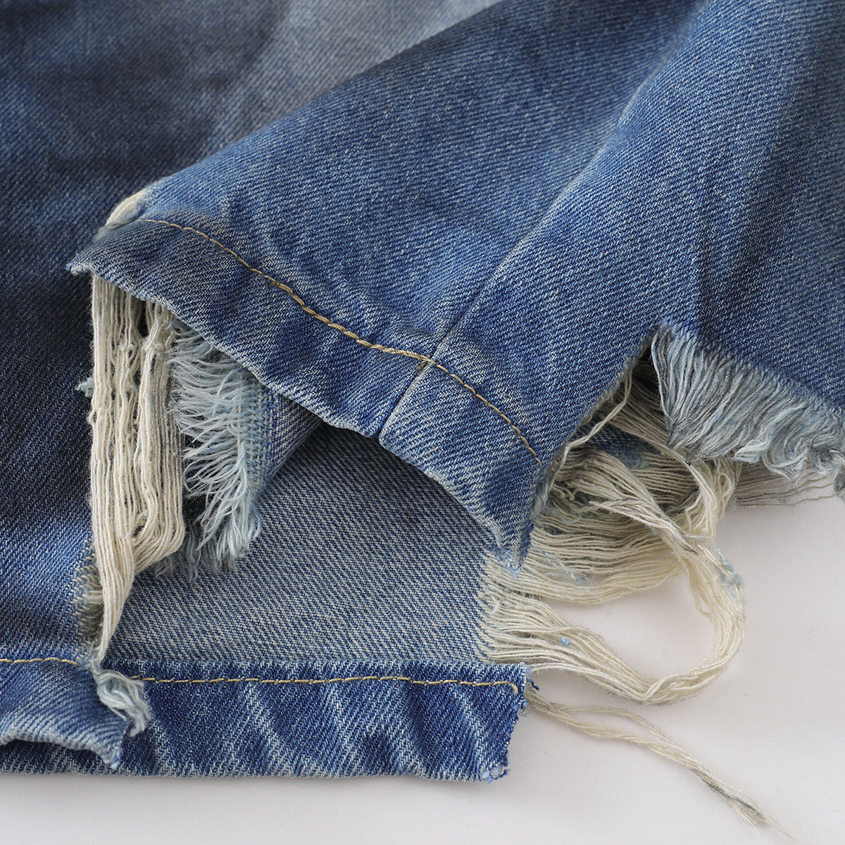 Grungy Wash Ripped Hem Denim Bermuda Shorts