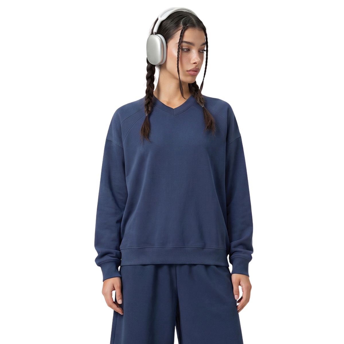 Drop‑Shoulder Spliced Cutaway Small V‑Neck Composite Crew Neck Sweatshirt