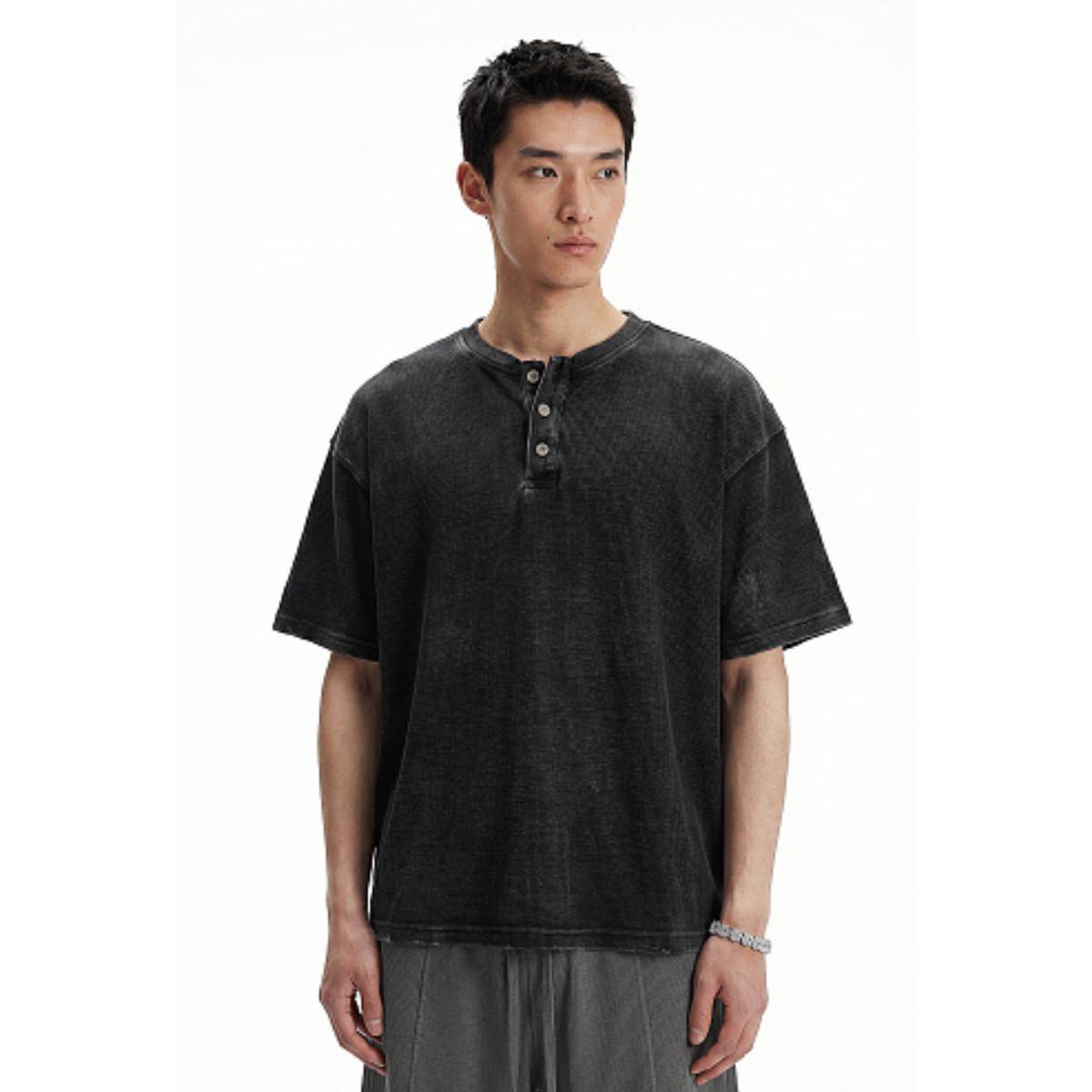 Casual Waffle Fabric Button Neck T-Shirt