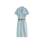 Vestido camisero vaquero midi plisado de manga corta