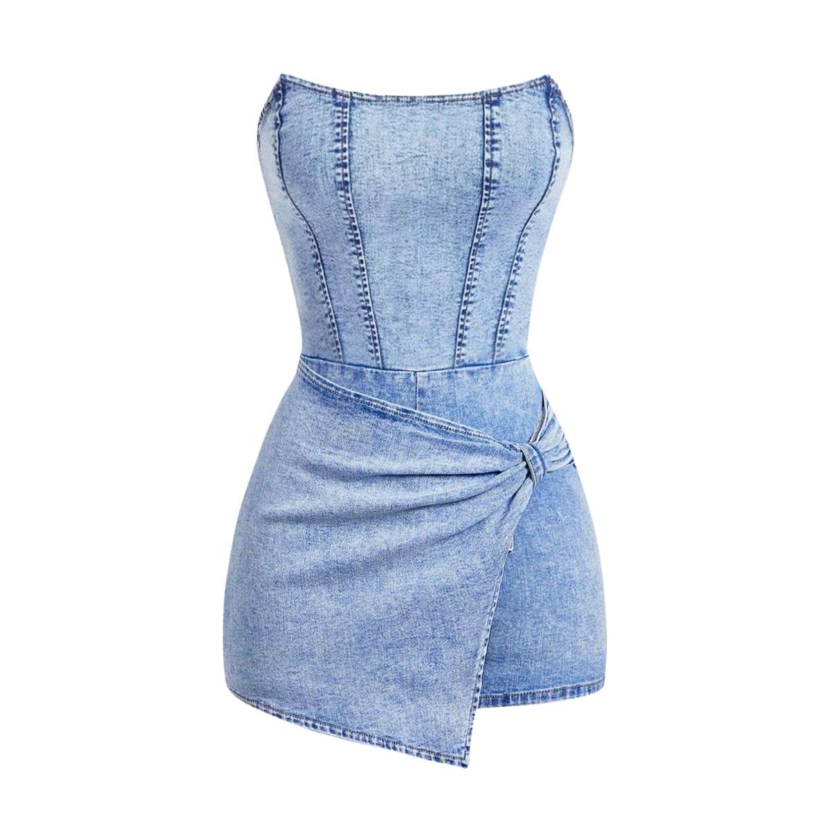 Women's Y2K Strapless Bodycon Wrap Front Short Denim Romper